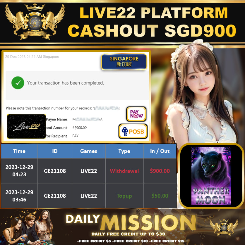 LIVE22 - PANTHERMOON - CASHOUT SGD900 !!!