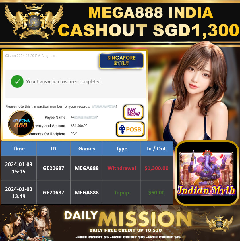 MEGA888 - INDIA - CASHOUT SGD1,300 !!!