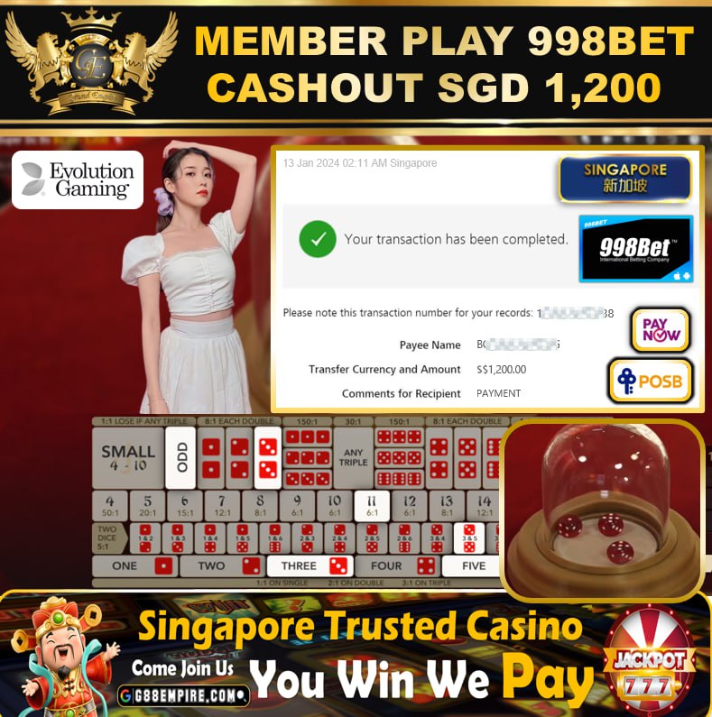 998BET - SICBO  CASHOUT SGD1200 !!!