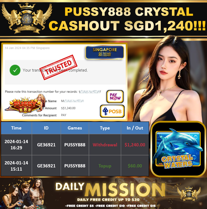 PUSSY888 - CRYSTAL CASHOUT SGD1,240 !!!