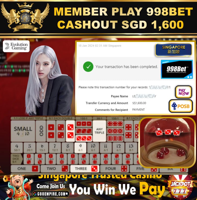 998BET - SICBO CASHOUT SGD1600 !!!