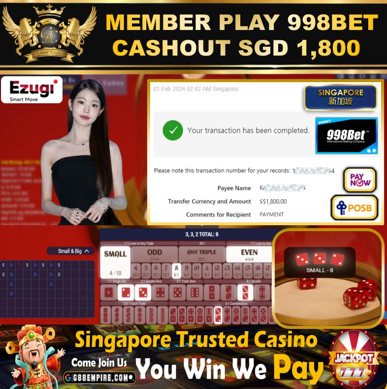 998BET - SICBO CASHOUT SGD1,800 !!!
