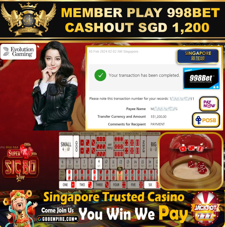 998BET -  SICBO CASHOUT SGD1,200 !!!