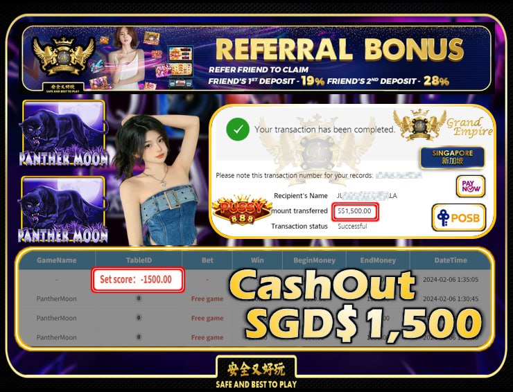 PUSSY888 - PANTHERMOON CASHOUT SGD1,500 !!!