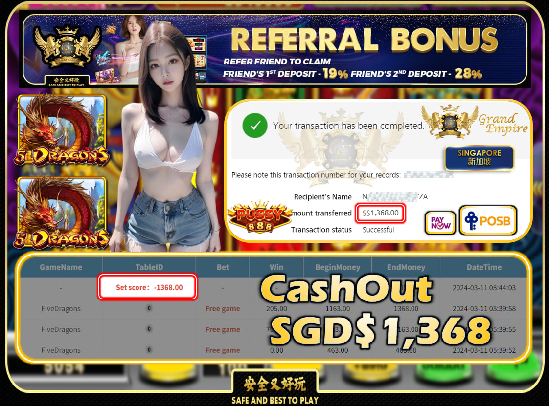 PUSSY888 - FIVEDRAGONS -  CASHOUT  SGD 1,368!!!
