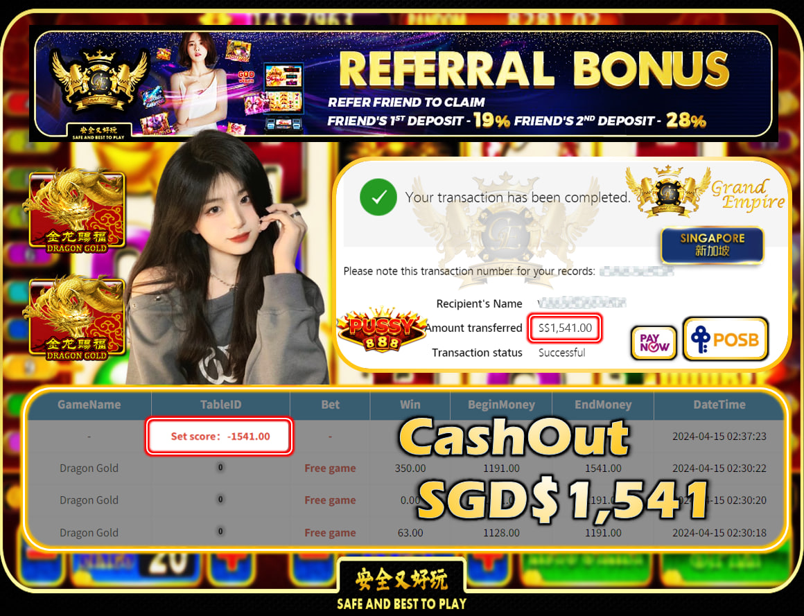 PUSSY888 - DRAGON GOLD - CASHOUT SGD1,541!!!