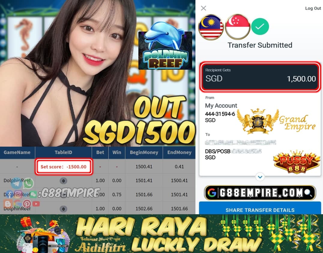 PUSSY888 - DOLPHINREEF CASHOUT SGD1500 !!!