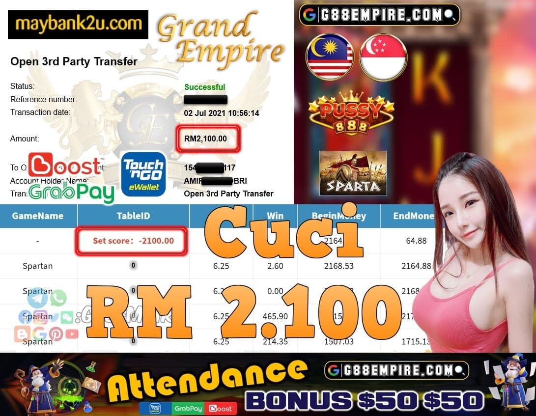 PUSSY888 - SPARTAN CUCI RM2,100!!!