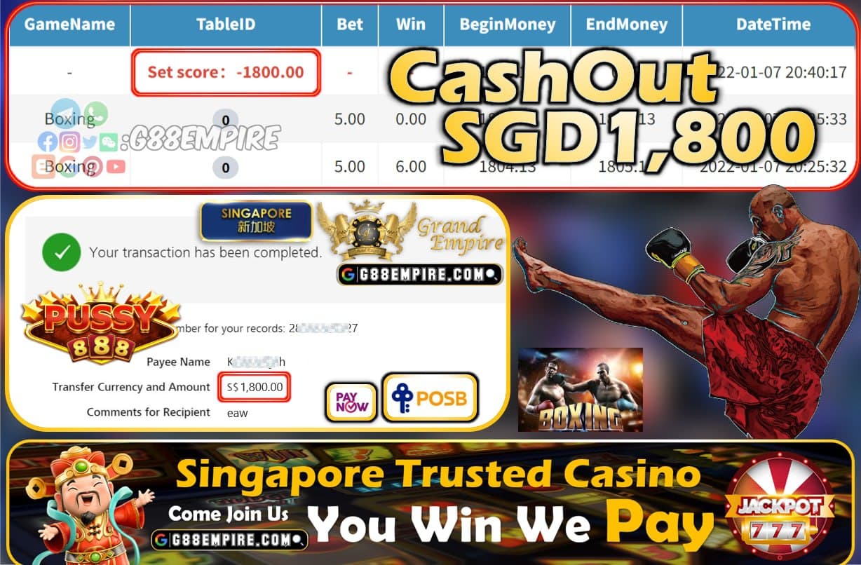 PUSSY888 - BOXING CASHOUT SGD 1,800 !!!